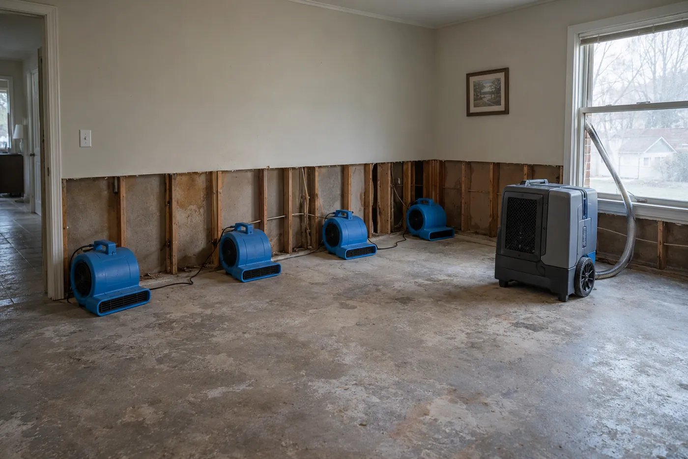 Four blue air movers along a wall with drywall cut two feet above the floor exposing the studs, and a dehumidifier ducted out a window