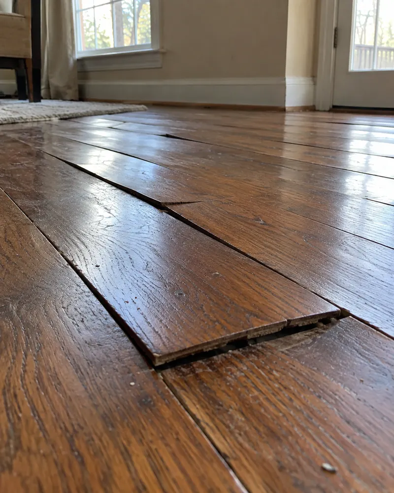 Hardwood floorboards lifted and separated at the seams after water exposure