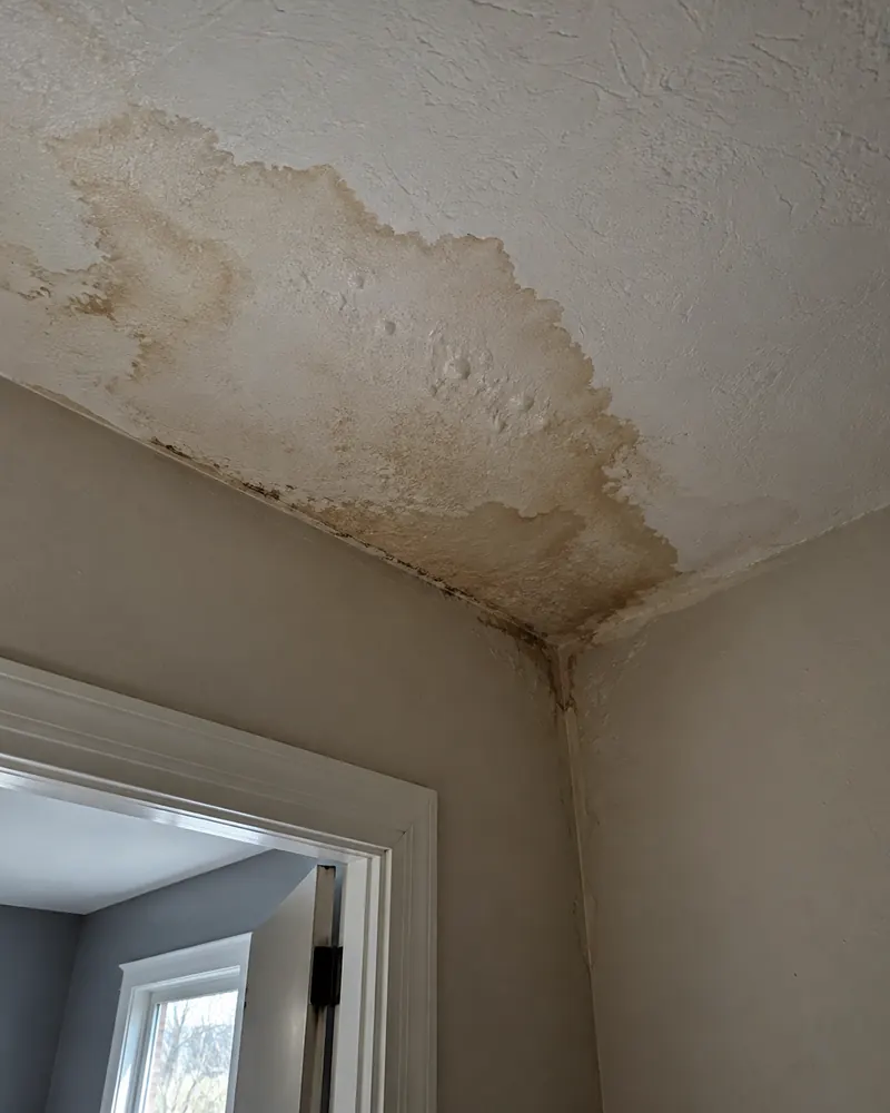Large brown water stain spreading across a textured ceiling and down the wall corner
