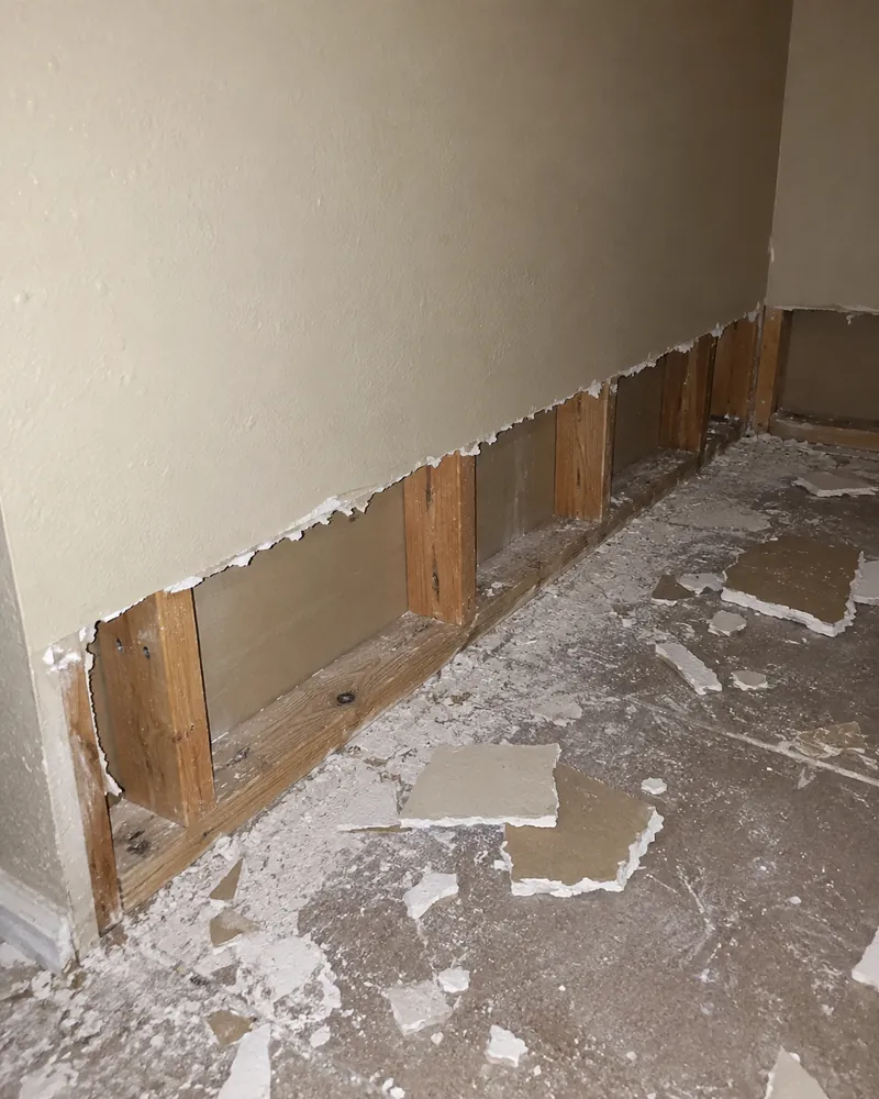Drywall cut back above the floor along a wall, exposing studs, with cut pieces on the floor