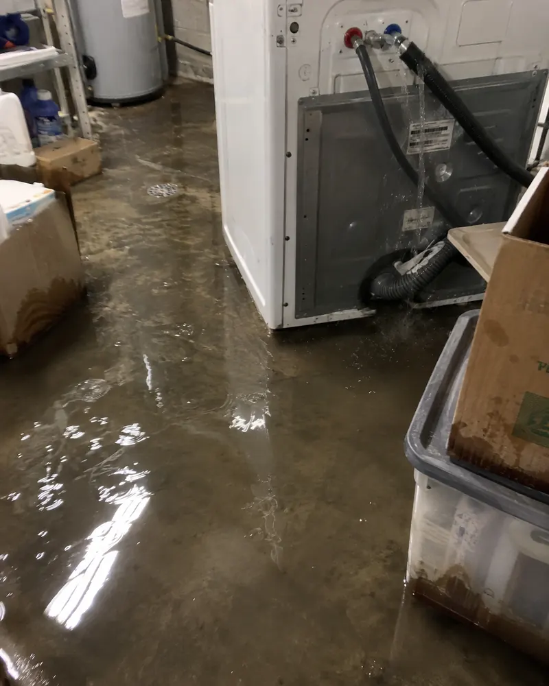 Water running from a washing machine connection across a flooded laundry room floor