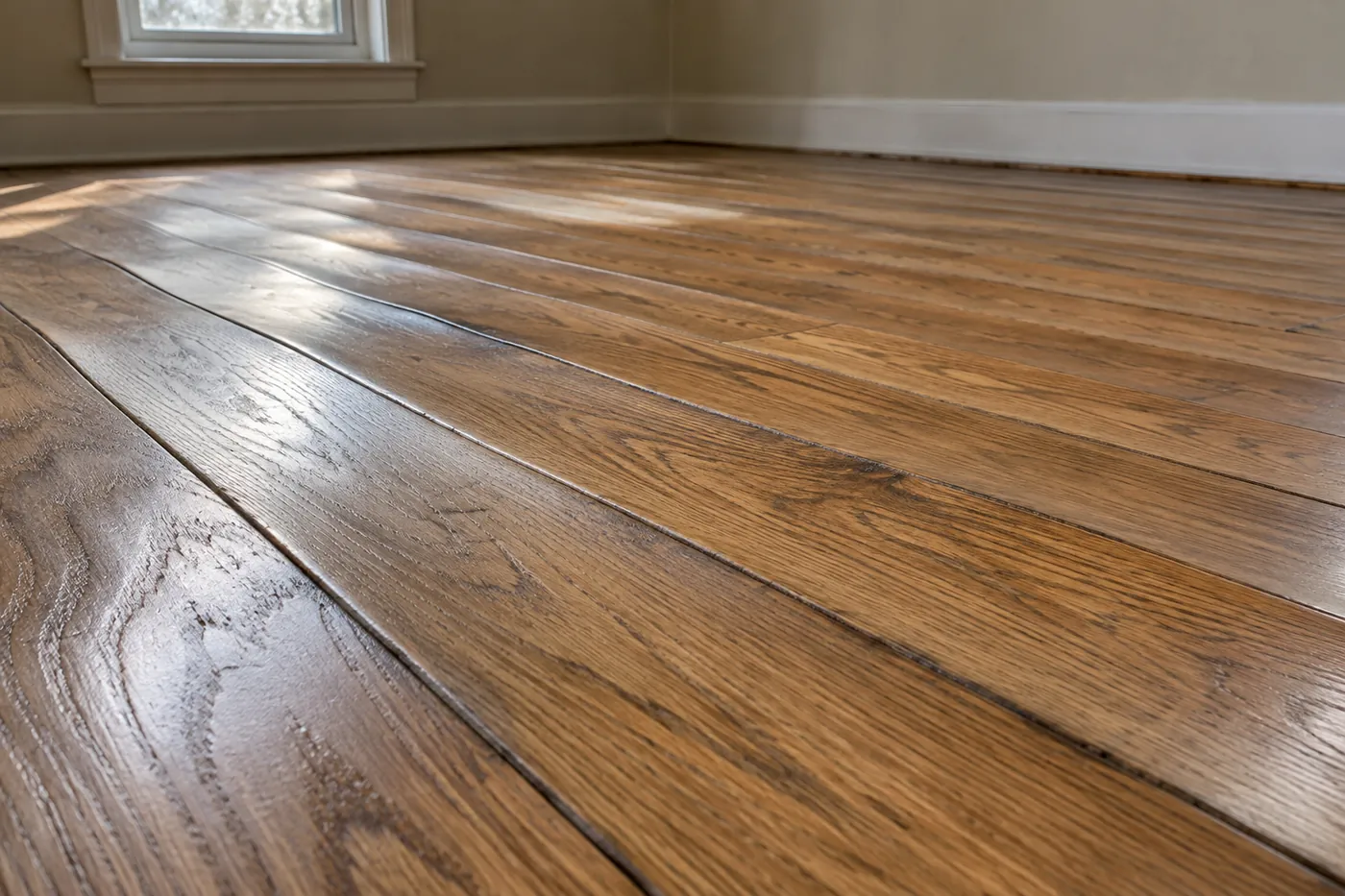 Solid oak flooring photographed at a low angle in raking light, showing pronounced cupping with the edges of each board raised above the centers
