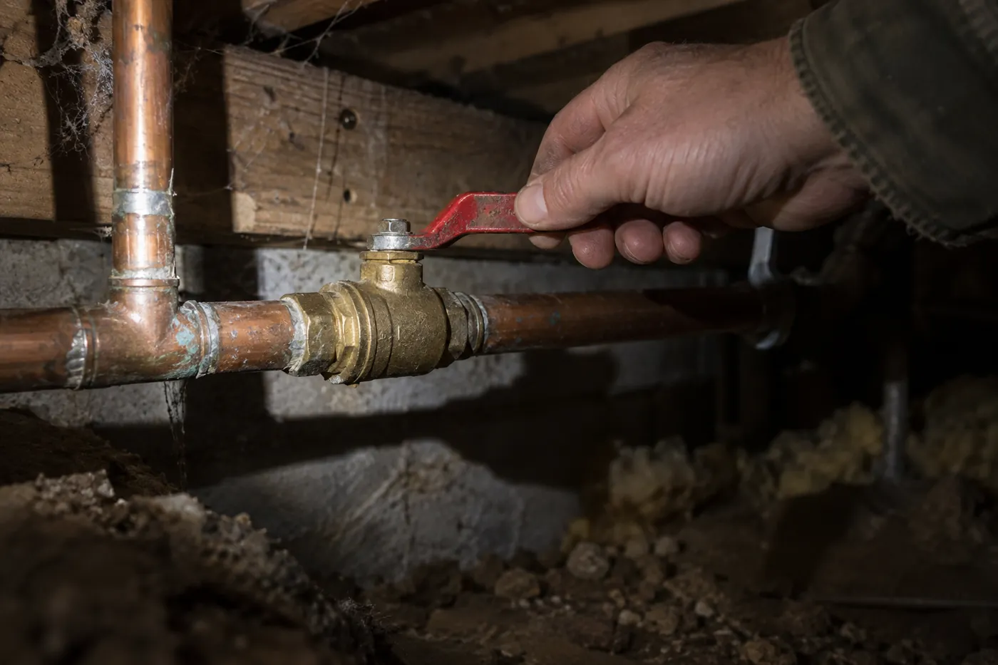 A hand turning the red handle of a brass ball valve on a copper main supply line in a dim crawl space