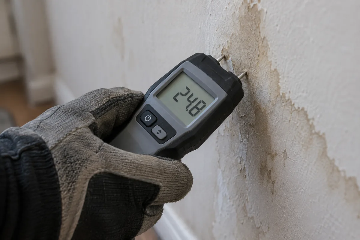 Moisture meter pressed against drywall to measure water content behind the surface