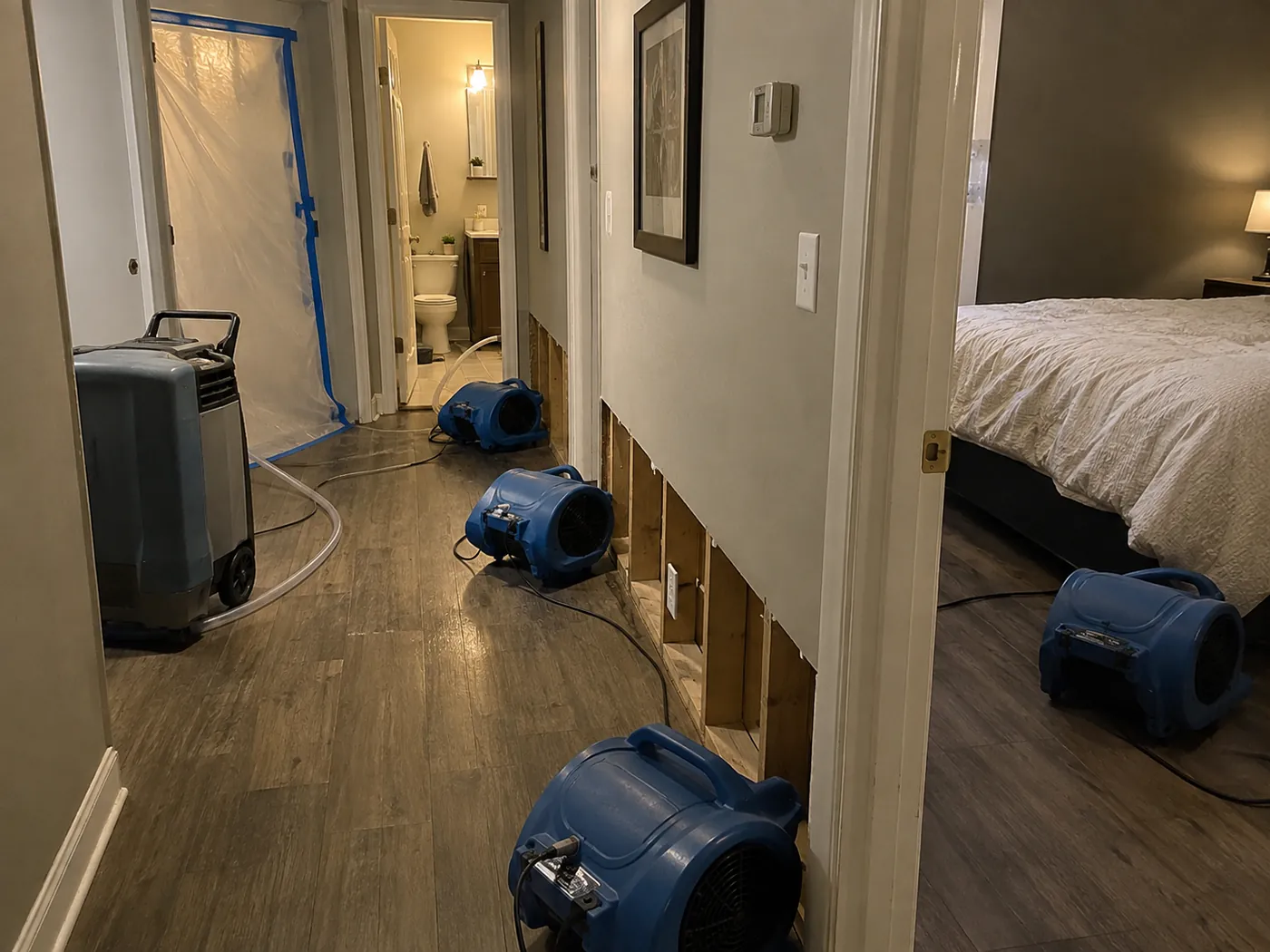 Air movers and a dehumidifier running overnight in a hallway with drywall cut away and containment sheeting taped across a doorway