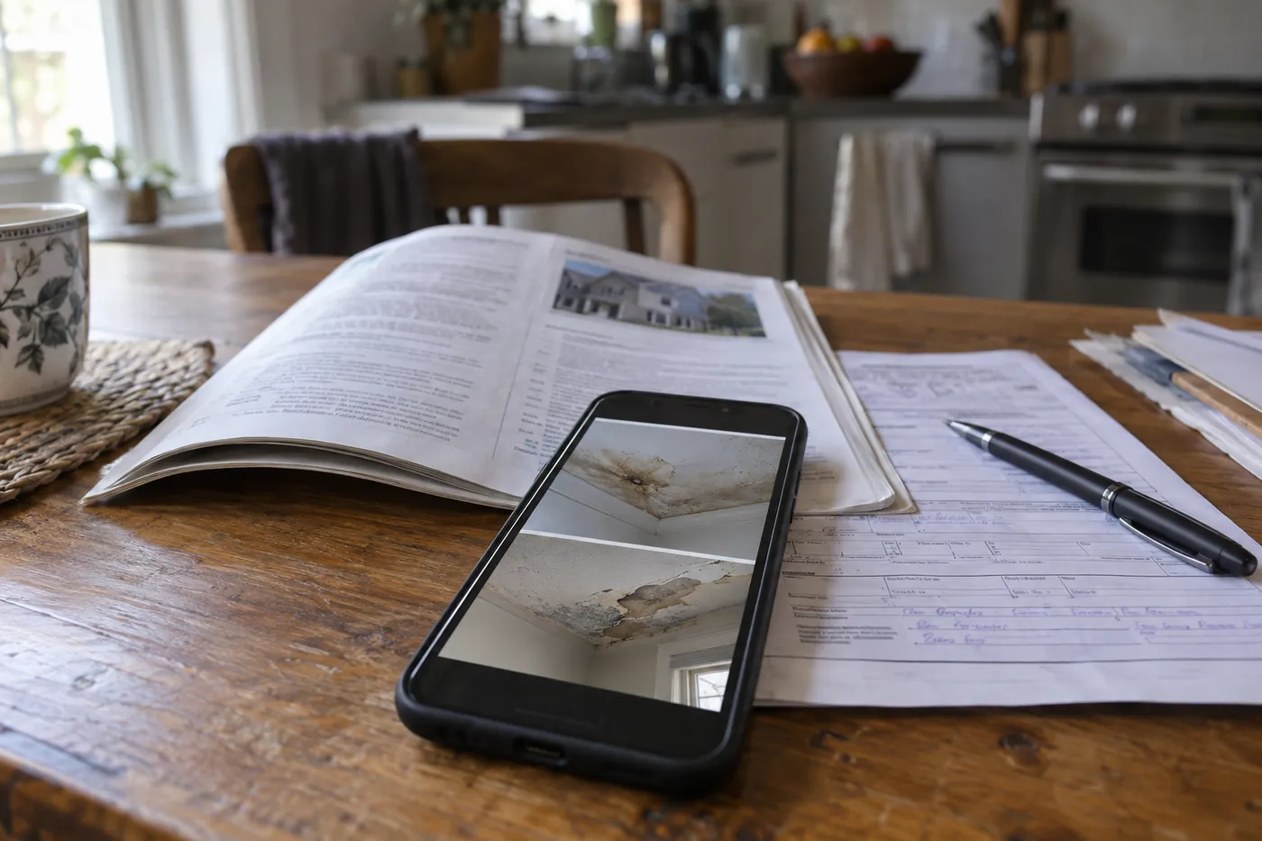 An open homeowners insurance policy, a partly completed claim form and a phone showing photos of a water-stained ceiling on a kitchen table