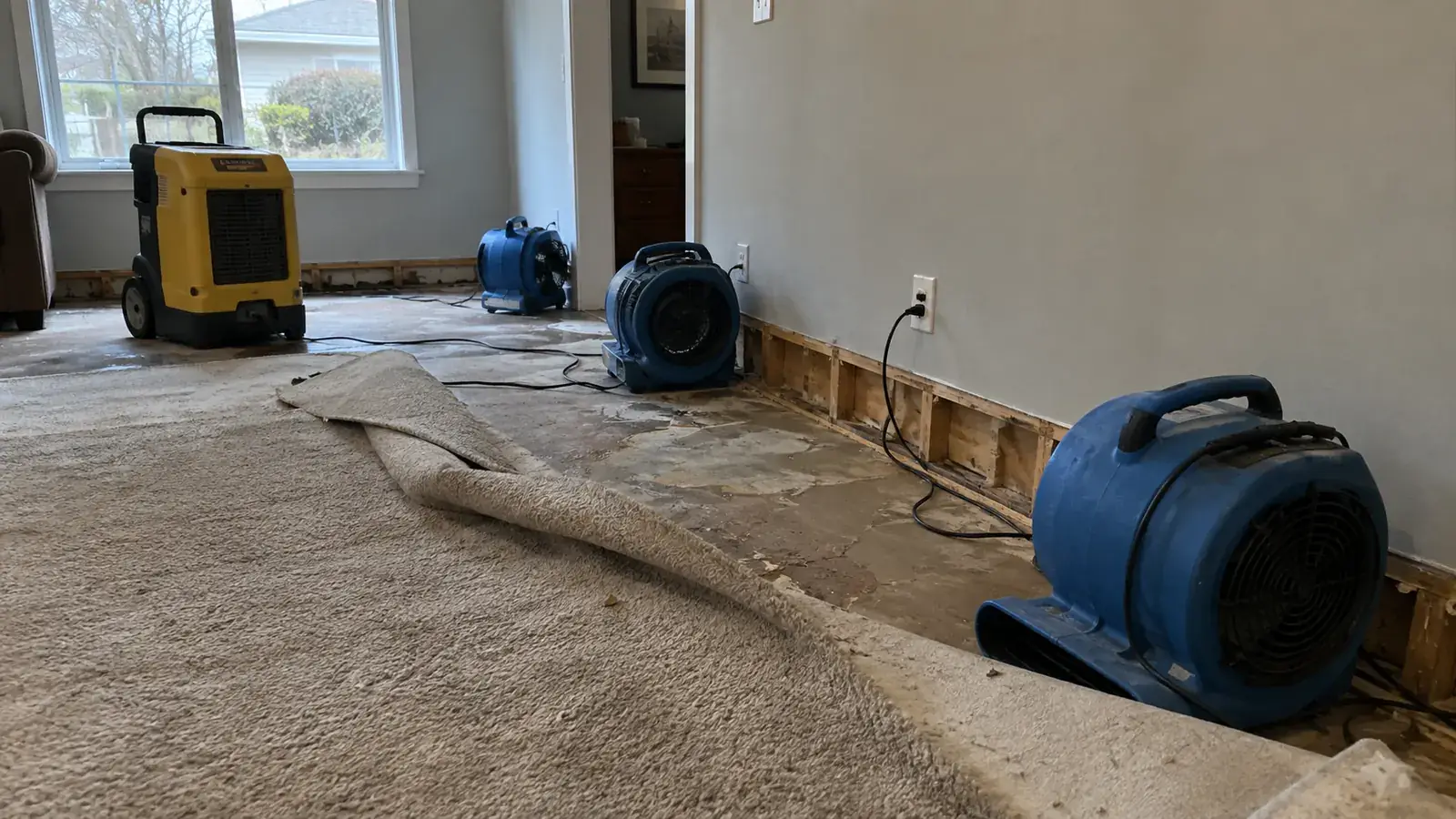Air movers and a dehumidifier running in a Greenville home with water-damaged flooring lifted
