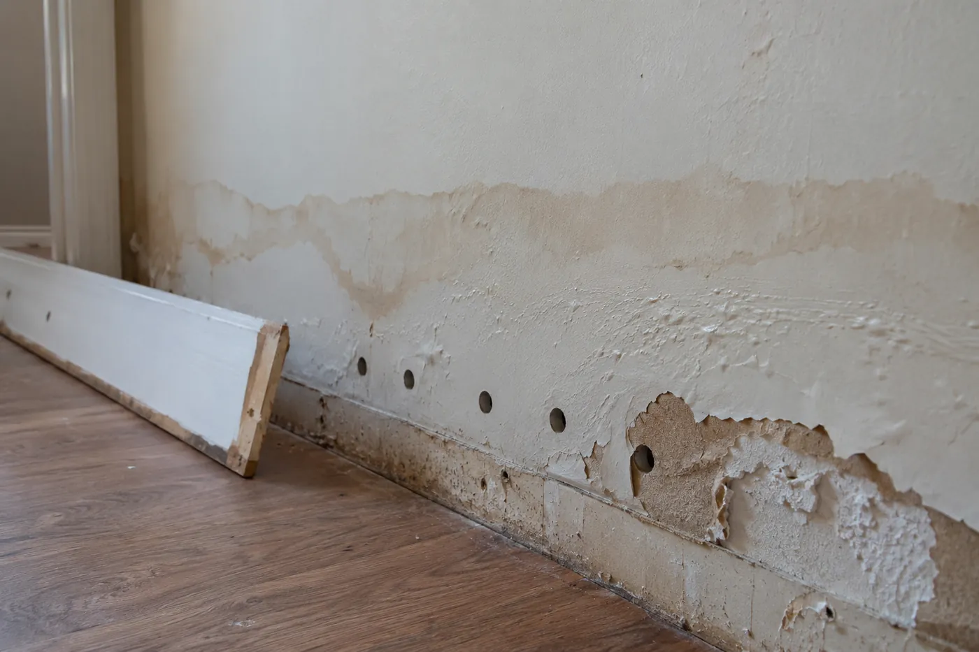 A water-stained interior wall showing a tide line, bubbling paint and peeling paper at the base, with the baseboard removed and a row of drilled cavity holes